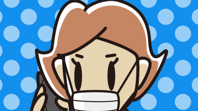 マスクをしてスマホで電話する女性のイラスト【色、背景あり】PNG