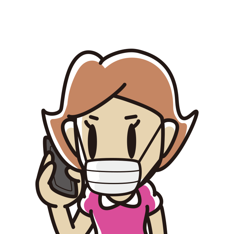 マスクをしてスマホで電話する女性のイラスト【色あり、背景なし】透過PNG