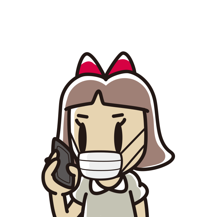 マスクをしてスマホで電話する小学生女子のイラスト【色あり、背景なし】透過PNG