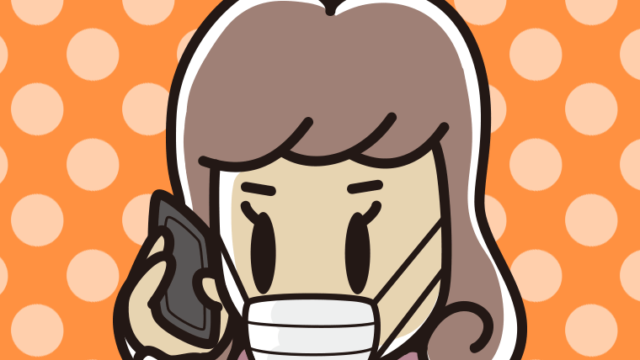 マスクをしてスマホで電話する女子大学生のイラスト【色、背景あり】PNG