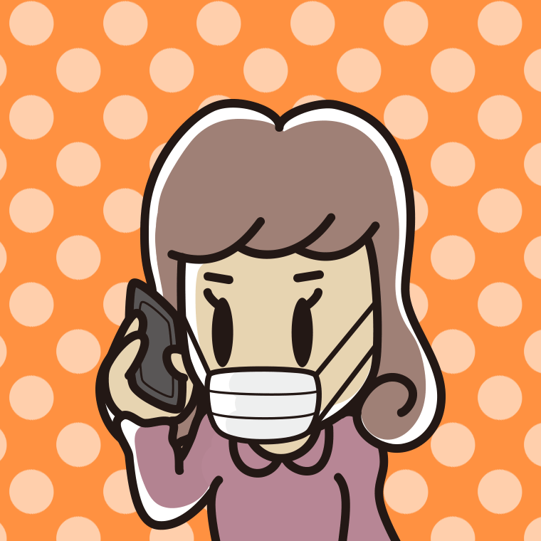 マスクをしてスマホで電話する女子大学生のイラスト【色、背景あり】PNG