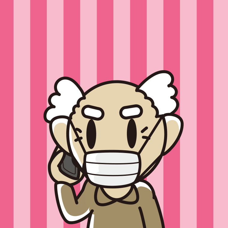 マスクをしてスマホで電話するおじいさんのイラスト【色、背景あり】PNG
