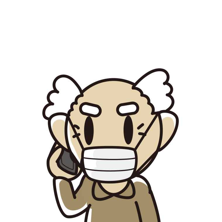 マスクをしてスマホで電話するおじいさんのイラスト【色あり、背景なし】透過PNG