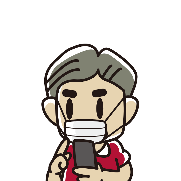 マスクをしてスマホを使うおじさんのイラスト【色あり、背景なし】透過PNG