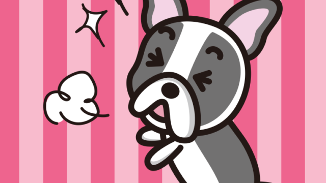 喜ぶフレンチブルドッグちゃん（犬）のイラスト【色、背景あり】PNG