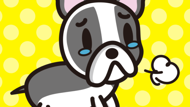 泣くフレンチブルドッグちゃん（犬）のイラスト【色、背景あり】PNG