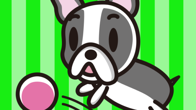 ボールを追うフレンチブルドッグちゃん（犬）のイラスト【色、背景あり】PNG