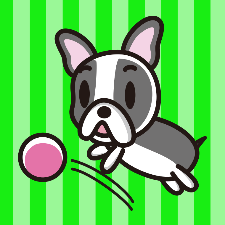 ボールを追うフレンチブルドッグちゃん（犬）のイラスト【色、背景あり】PNG
