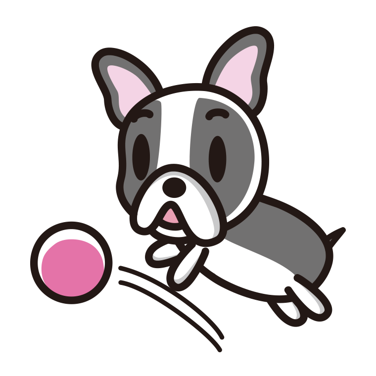 ボールを追うフレンチブルドッグちゃん（犬）のイラスト【色あり、背景なし】透過PNG