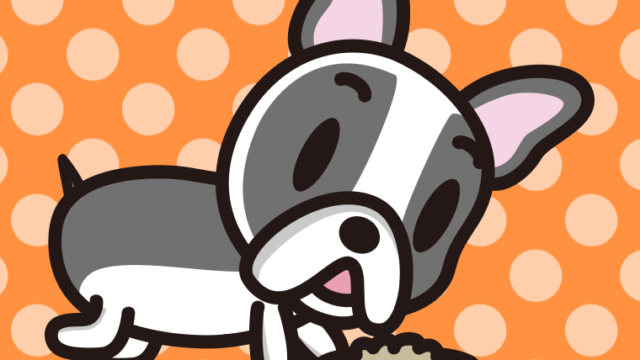 ごはんを食べるフレンチブルドッグちゃん（犬）のイラスト【色、背景あり】PNG