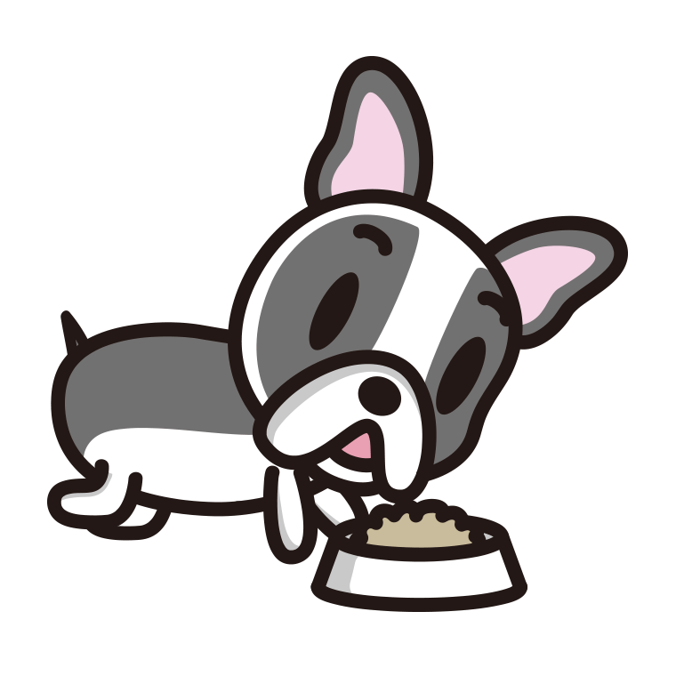 ごはんを食べるフレンチブルドッグちゃん（犬）のイラスト【色あり、背景なし】透過PNG