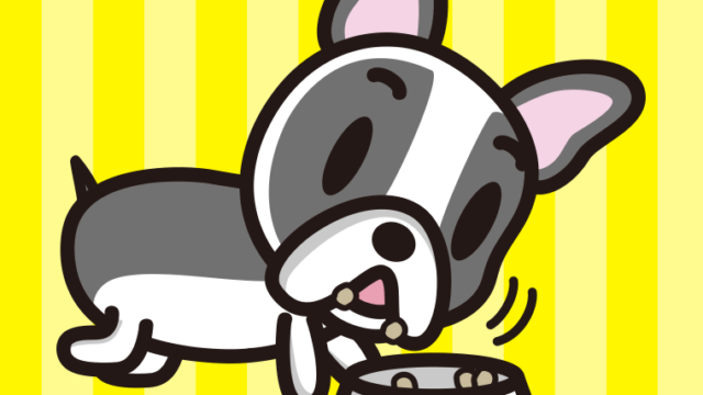 ごはんをモリモリ食べるフレンチブルドッグちゃん（犬）のイラスト【色、背景あり】PNG