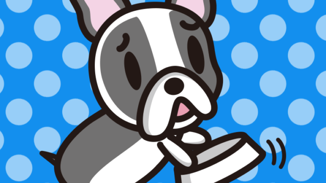 ごはんをもっと食べたいフレンチブルドッグちゃん（犬）のイラスト【色、背景あり】PNG