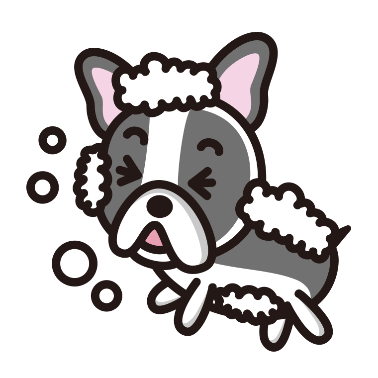 体を洗うフレンチブルドッグちゃん（犬）のイラスト【色あり、背景なし】透過PNG