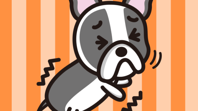 ブルブル震えるフレンチブルドッグちゃん（犬）のイラスト【色、背景あり】PNG