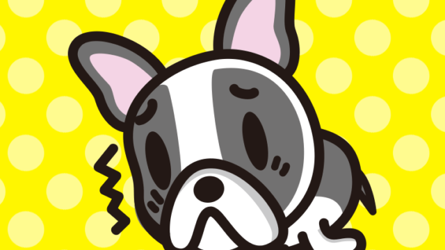 具合が悪いフレンチブルドッグちゃん（犬）のイラスト【色、背景あり】PNG