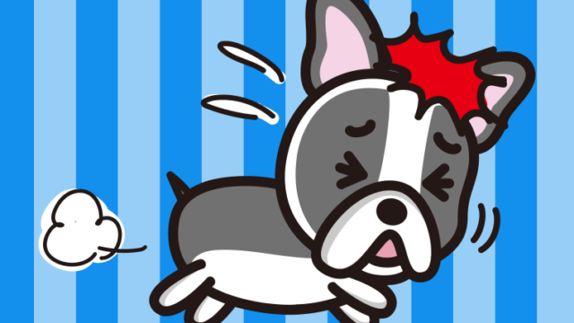 ぶつかるフレンチブルドッグちゃん（犬）のイラスト【色、背景あり】PNG