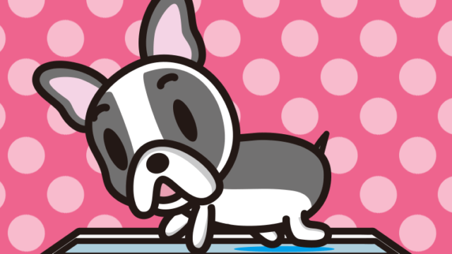 トイレするフレンチブルドッグちゃん（犬）のイラスト【色、背景あり】PNG