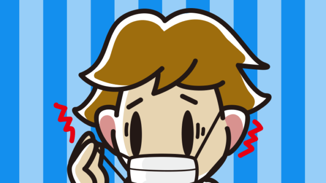 マスクで耳が痛い男子高校生のイラスト【色、背景あり】PNG