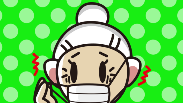 マスクで耳が痛いおばあさんのイラスト【色、背景あり】PNG
