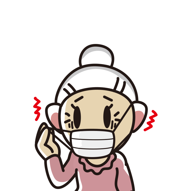 マスクで耳が痛いおばあさんのイラスト【色あり、背景なし】透過PNG