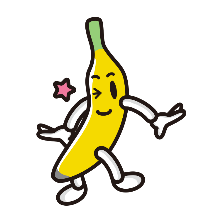 ウインクするバナナちゃんのイラスト【色あり、背景なし】透過PNG