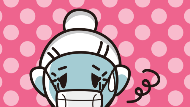 マスクで息苦しいおばあさんのイラスト【色、背景あり】PNG