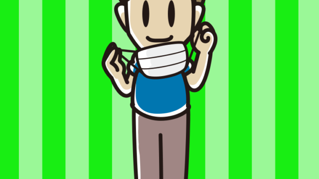 立ってマスクをつける（外す）男性のイラスト【色、背景あり】PNG