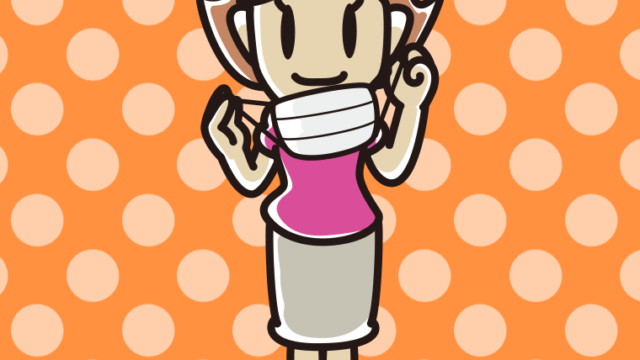 立ってマスクをつける（外す）女性のイラスト【色、背景あり】PNG