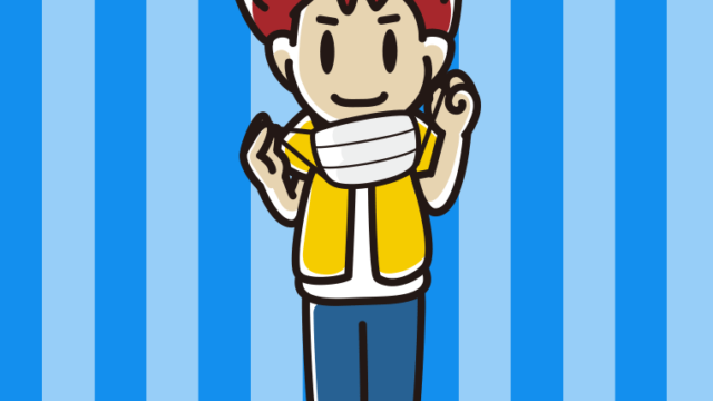 立ってマスクをつける（外す）男子大学生のイラスト【色、背景あり】PNG