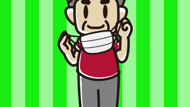 立ってマスクをつける（外す）おじさんのイラスト【色、背景あり】PNG