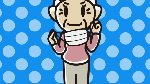 立ってマスクをつける（外す）おばあさんのイラスト【色、背景あり】PNG