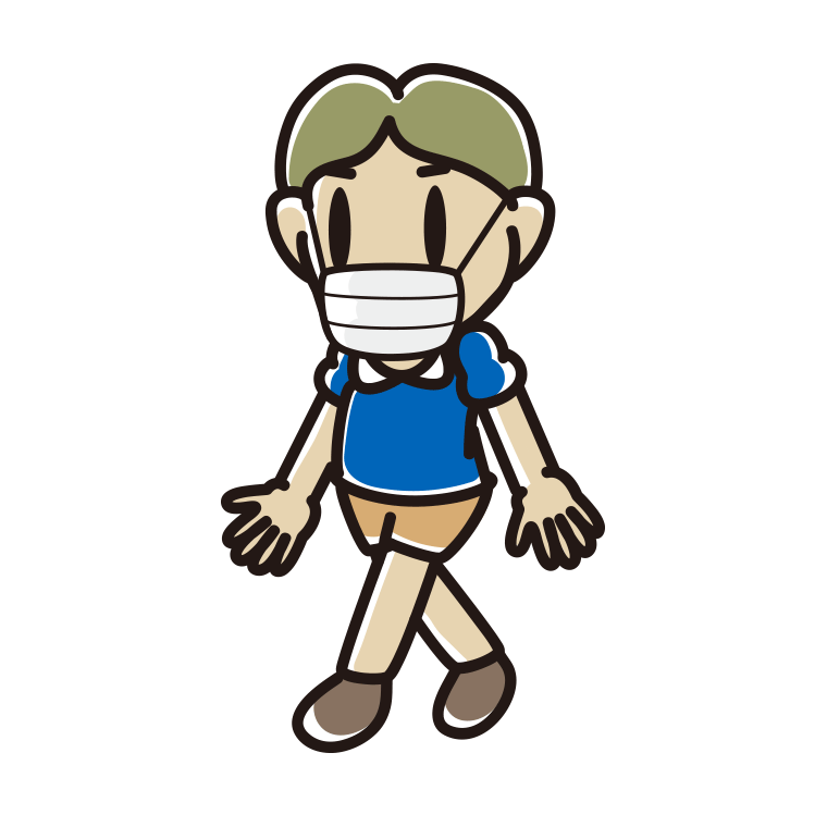 マスクをつけて歩く小学生男子のイラスト【色あり、背景なし】透過PNG