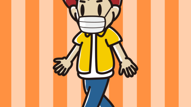 マスクをつけて歩く男子大学生のイラスト【色、背景あり】PNG