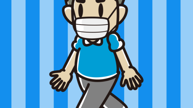 マスクをつけて歩くおじさんのイラスト【色、背景あり】PNG