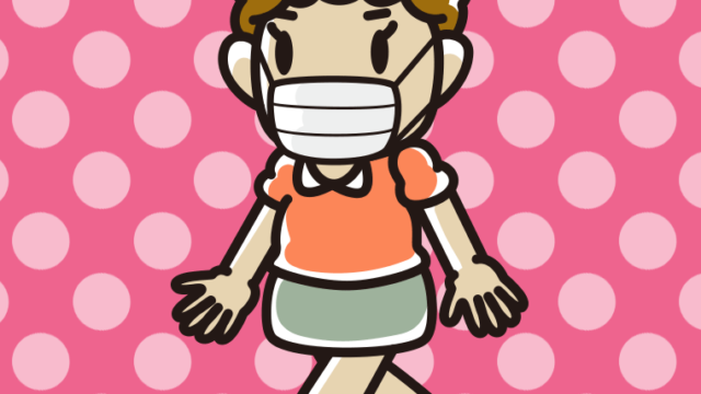 マスクをつけて歩くおばさんのイラスト【色、背景あり】PNG