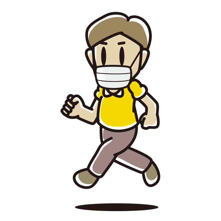 マスクをつけて走る男性のイラスト【色あり、背景なし】透過PNG