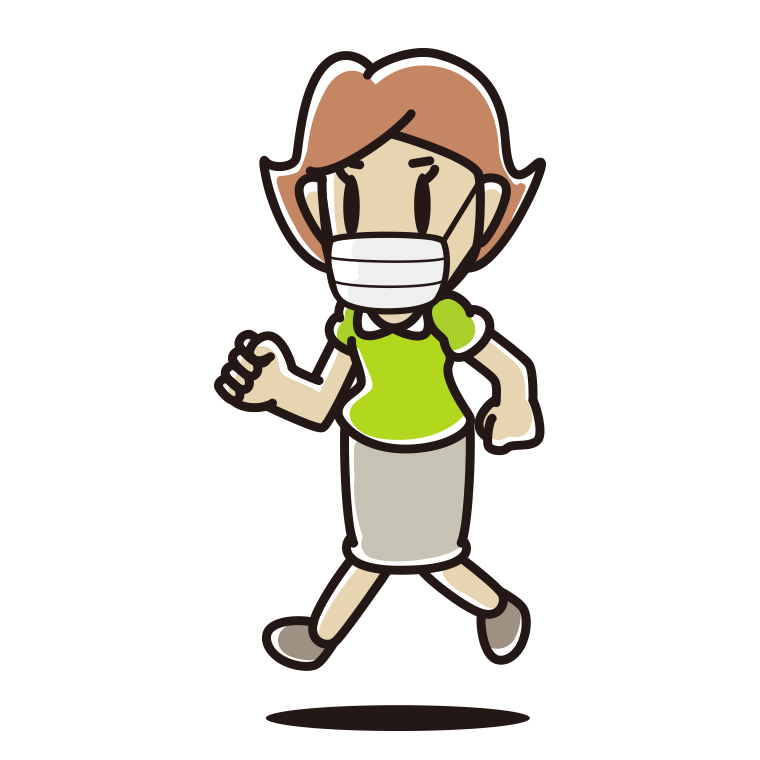 マスクをつけて走る女性のイラスト【色あり、背景なし】透過PNG