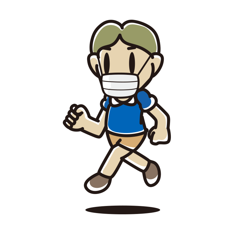 マスクをつけて走る小学生男子のイラスト【色あり、背景なし】透過PNG