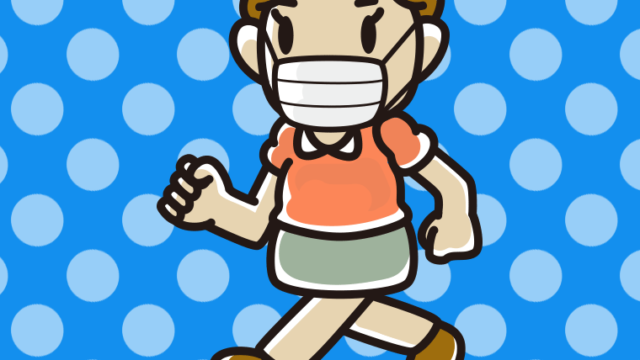 マスクをつけて走るおばさんのイラスト【色、背景あり】PNG