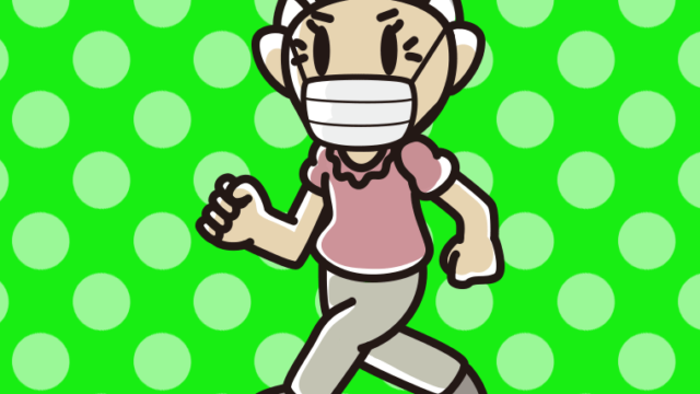 マスクをつけて走るおばあさんのイラスト【色、背景あり】PNG