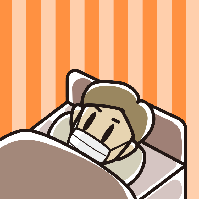 マスクをしてベッドで寝る男性のイラスト【色、背景あり】PNG