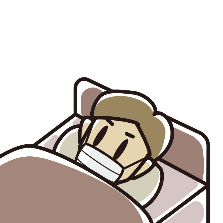 マスクをしてベッドで寝る男性のイラスト【色あり、背景なし】透過PNG