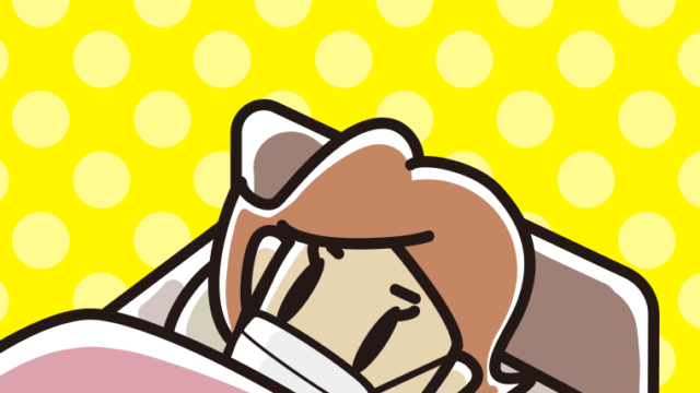 マスクをしてベッドで寝る女性のイラスト【色、背景あり】PNG