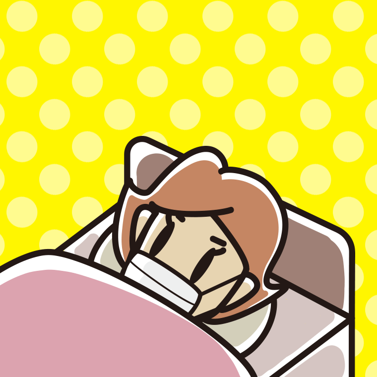 マスクをしてベッドで寝る女性のイラスト【色、背景あり】PNG