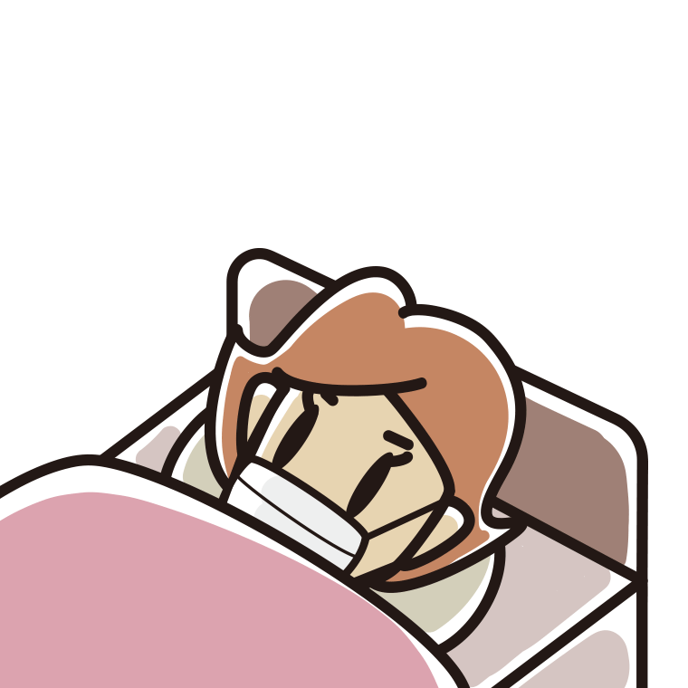 マスクをしてベッドで寝る女性のイラスト【色あり、背景なし】透過PNG