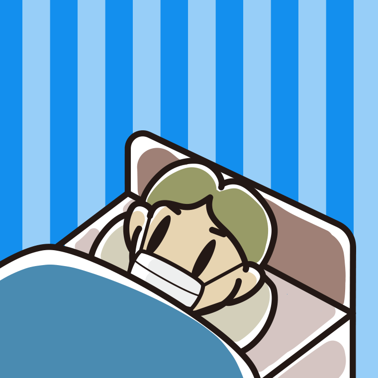 マスクをしてベッドで寝る小学生男子のイラスト【色、背景あり】PNG