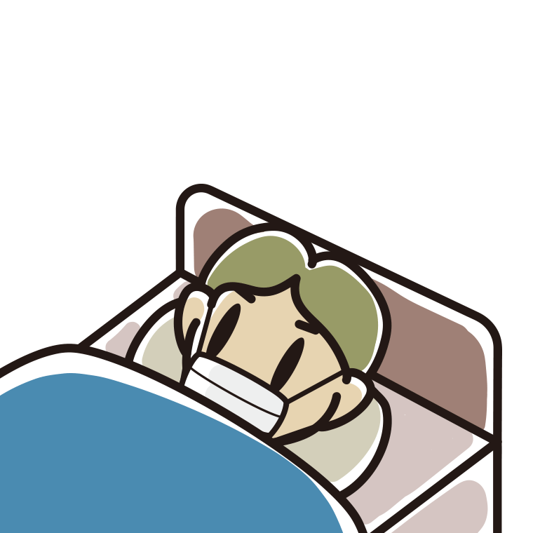 マスクをしてベッドで寝る小学生男子のイラスト【色あり、背景なし】透過PNG
