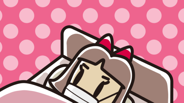 マスクをしてベッドで寝る小学生女子のイラスト【色、背景あり】PNG