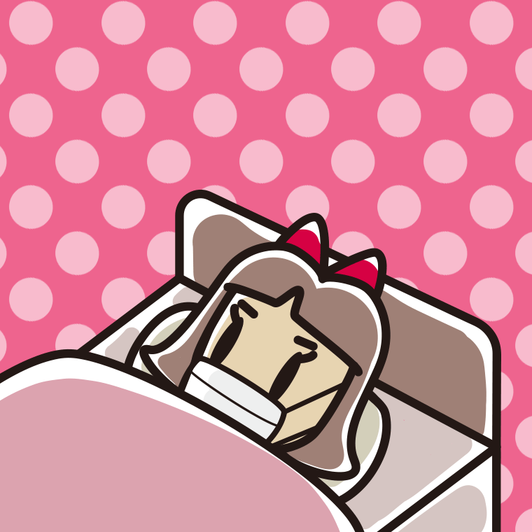 マスクをしてベッドで寝る小学生女子のイラスト【色、背景あり】PNG